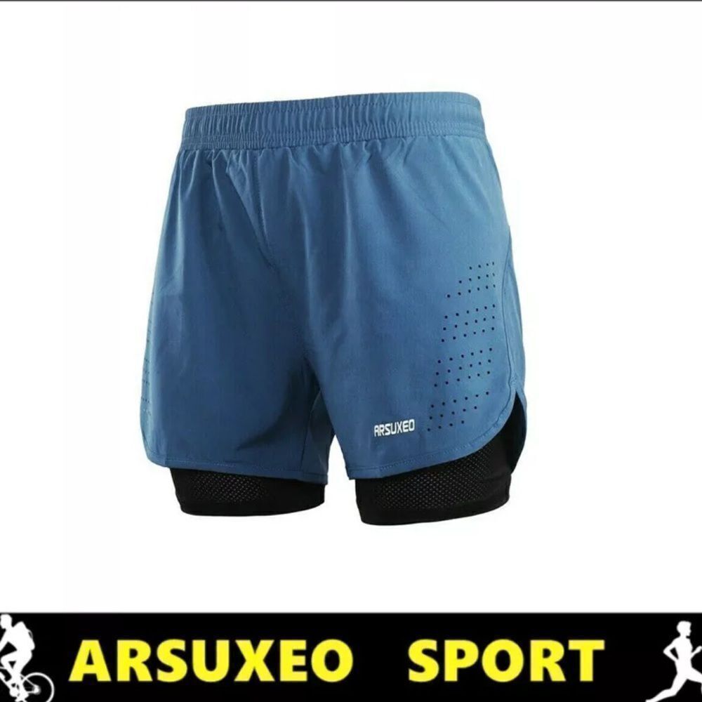 ARSUXEO Blue & Black Running Jogging 2 In 1 Short Pant Active Training Shorts